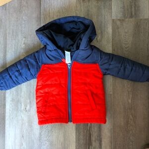 Little Me Unisex  Red and Navy Kids Puffer Jacket With A Hoodie - Size 18